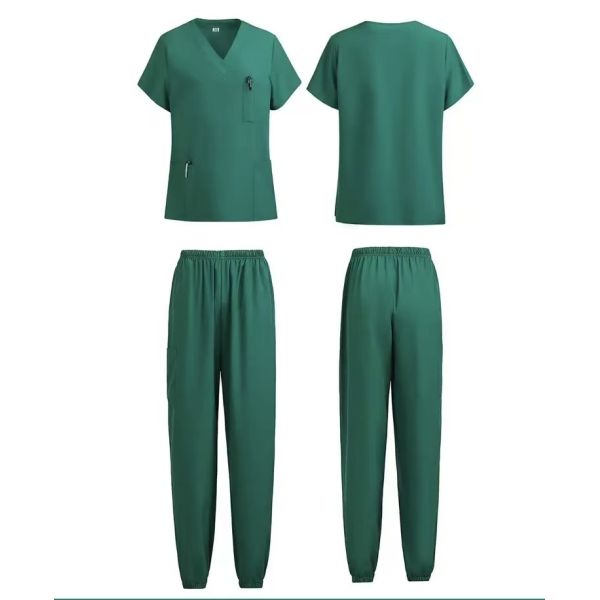 Unisex V-Neck Medical Scrub Set with Breathable Fabric, Multiple Functional Pockets, and Elastic Waist with Drawstrings