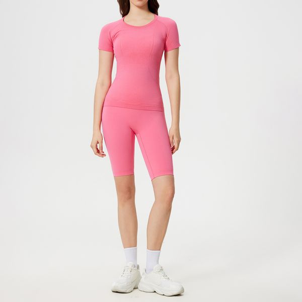 Seamless Women Activewear Tops Breathable Short Sleeve 65% Nylon 35% Polyester