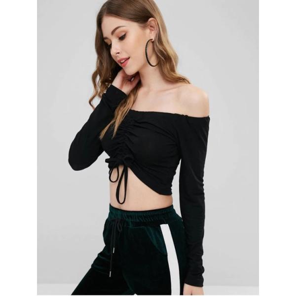 Women Off Shoulder And Long Sleeve Drawstring Front Crop T-shirt