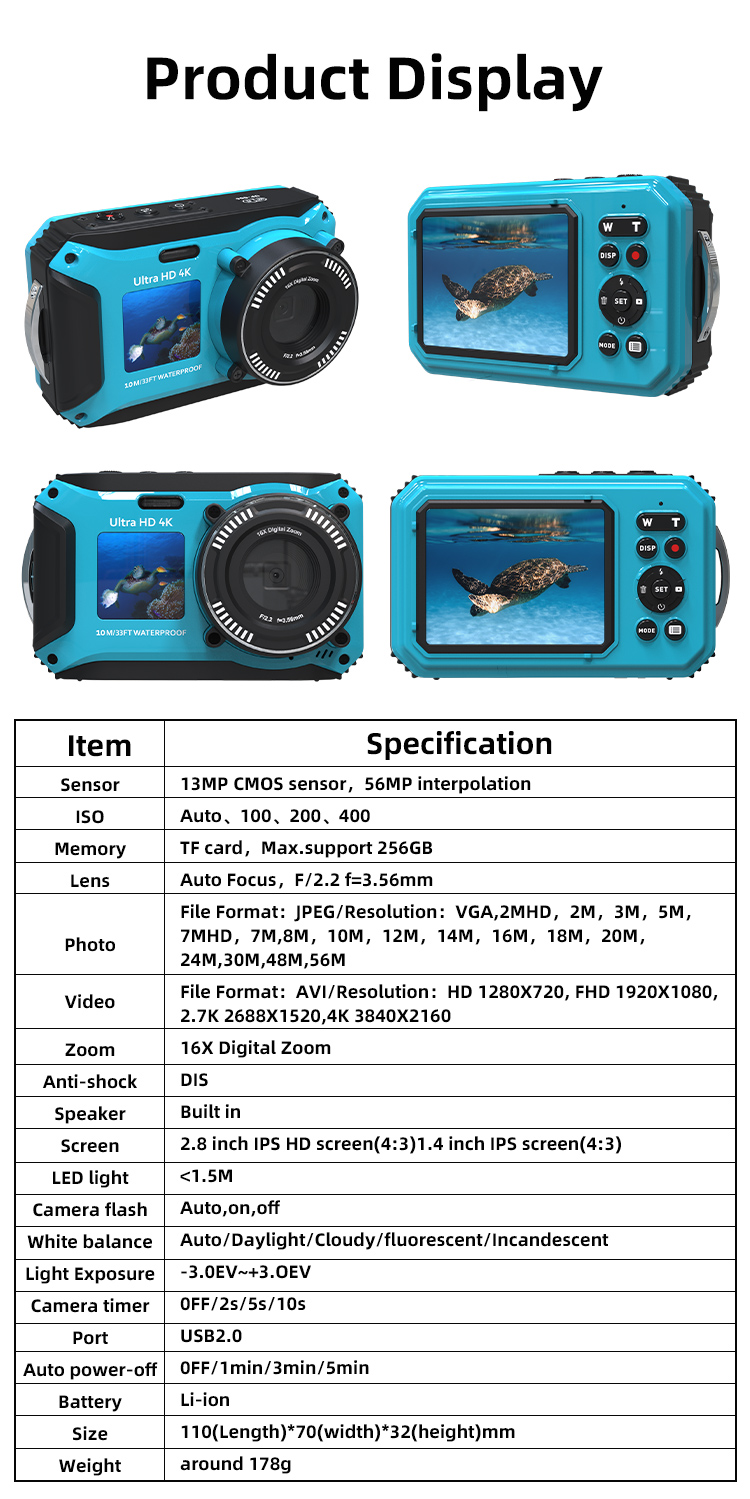 Vintage 4K 56MP 16X Zoom Dual Screen Waterproof Digital Camera With Anti Shake  LED Light and Auto Focus for Swimming and Diving