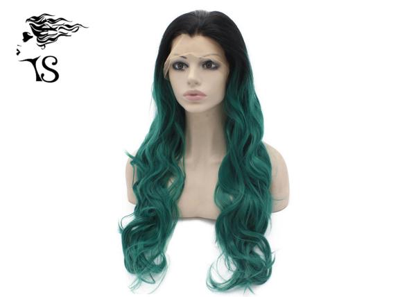 Wavy Curly Green Synthetic Lace Front Wigs With Dark Roots For Cross Dressing