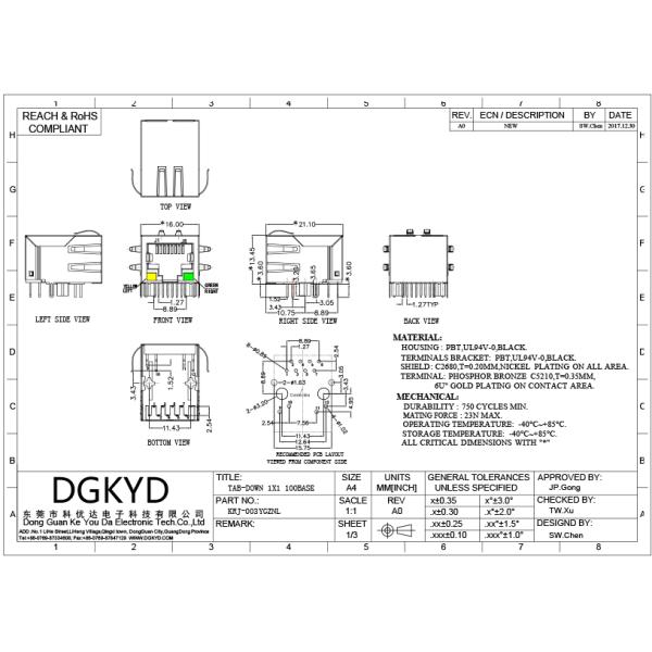 KRJ-003YGZNL защищало соединитель локальных сетей Cat5 Rj45 с СИД трансформатора Y/G