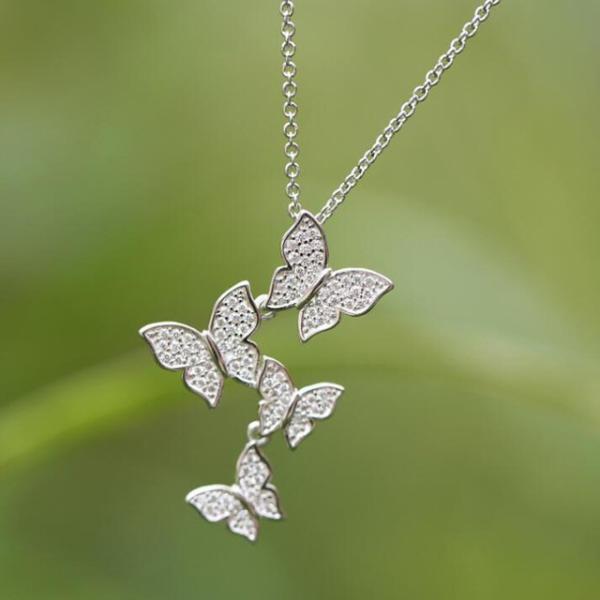 925 Sterling Silver White Gold Plated Micron Pave 4 Butterflies Charm Pendant For Women