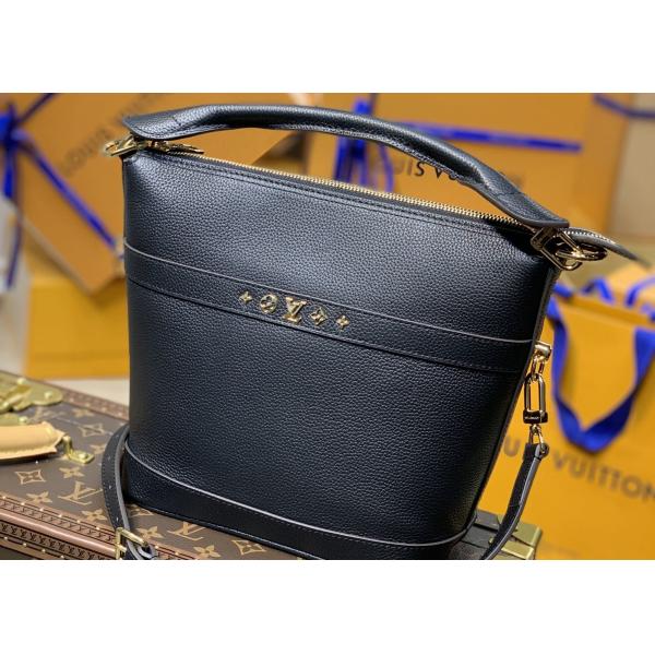 Small Genunie Black Printing Linning 25cm Cowhide Bucket Bag Handhold