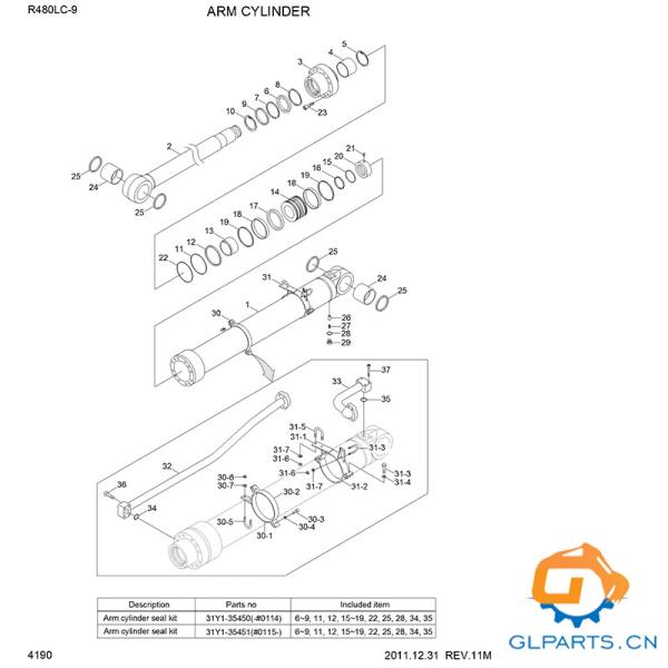 R480LC-9 Arm Cylinder Assy 31QB-50130 pour les pièces de pièces de la pelle Hyundai