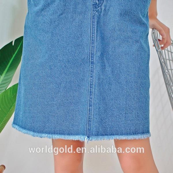 Blue Color Women Denim Dungaree Dress With Frayed Hem OEM Service