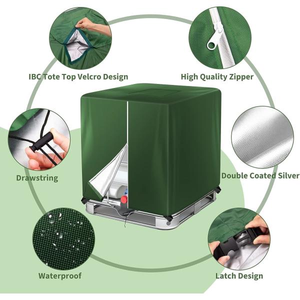 IBC Tote Cover for 1000L Outdoor 275 Gallon Rain Barrel UV Resistant Waterproof Outdoor IBC Covers - Grey GREEN
