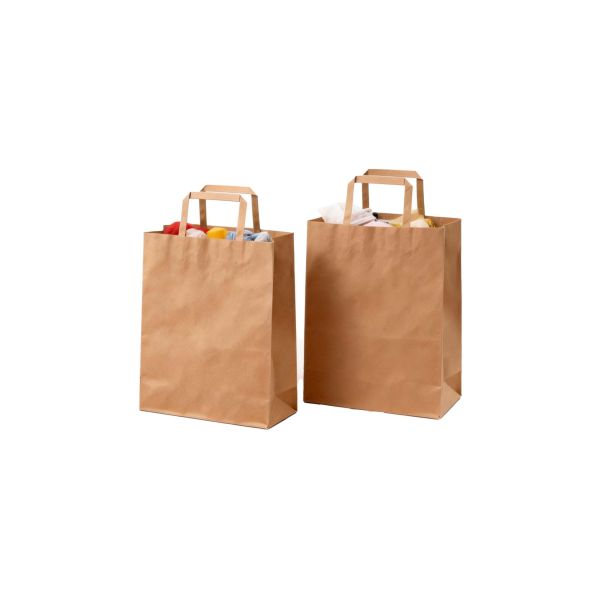 Eco friendly recyclable kraft paper flat handle bag designed for grocery shopping food takeaway and sustainable packaging