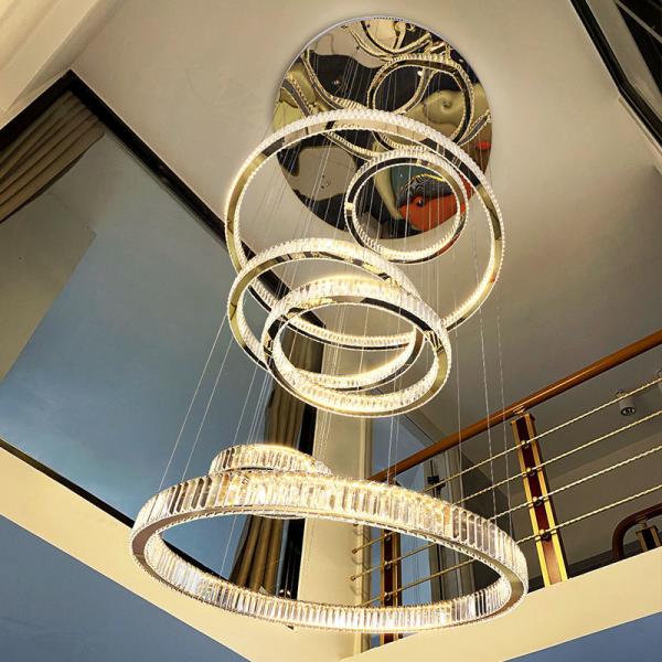 Hotel Lobby Crystal Ceiling Hanging Lamp , Staircase Round Ring Chandelier Pendant Light