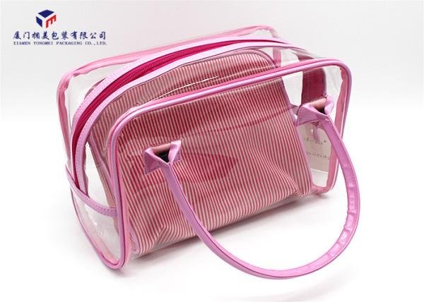 Modern Style Fabric Makeup Bag Pink White Stripe Satin Cloth Size 22X4.5X18cm