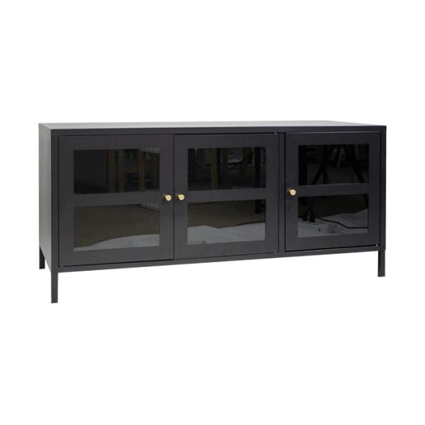 Black Metal Frame 3 Glass Doors 120cm Width Small TV Stand With Storage