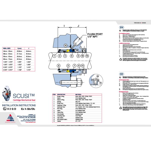 SCUSI AESSEAL Mechanical Seal Single Seals Short Cartridge Mechanical Seal For Pumps