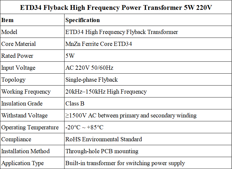 ETD34 Flyback Topology 5W AC220V Input High Frequency SMPS Transformer for Small Power Adapters