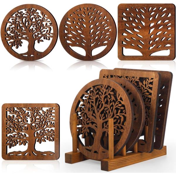 Square Round Tree Trivets Holder Luxury Design Style Wooden Heat Resistant Pads