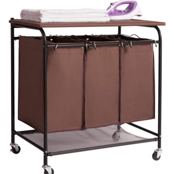 Metal Three Grid Foldable Laundry Cart , 74cm Length Metal Hamper Basket