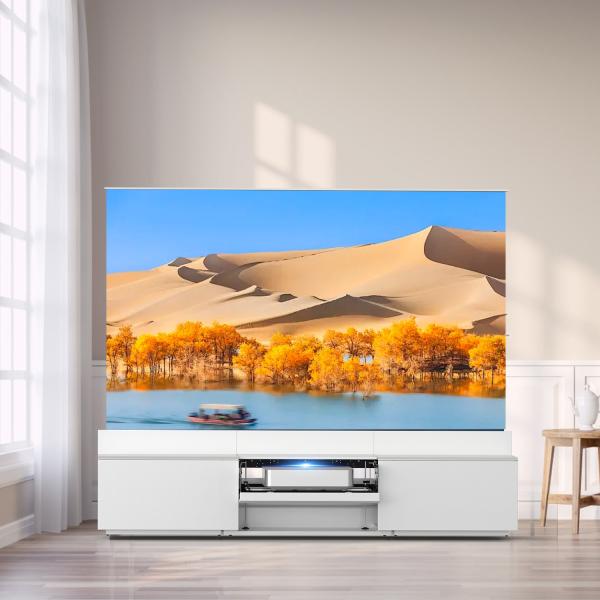 White Motorised Laser TV Cabinet 100 Inch 120 Inch UST Cabinet