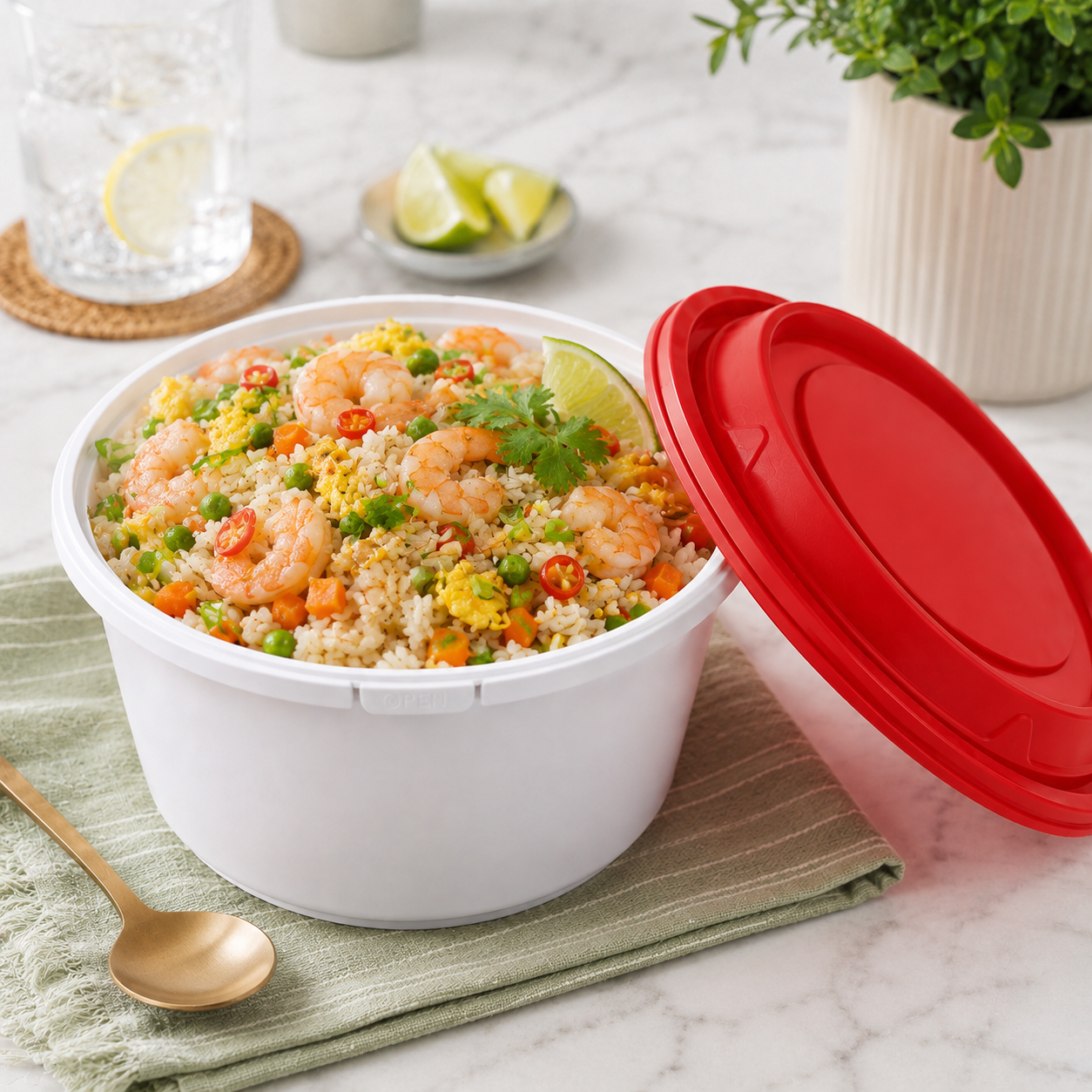 Takeaway PP Snap Lock Bowls 1388ml Tall with Red Tamper Evident Lid