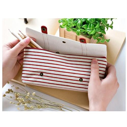 Fabric Cloth Pen Pencil Pouch Foldable 22*6 Cm Two Metal Button Closure