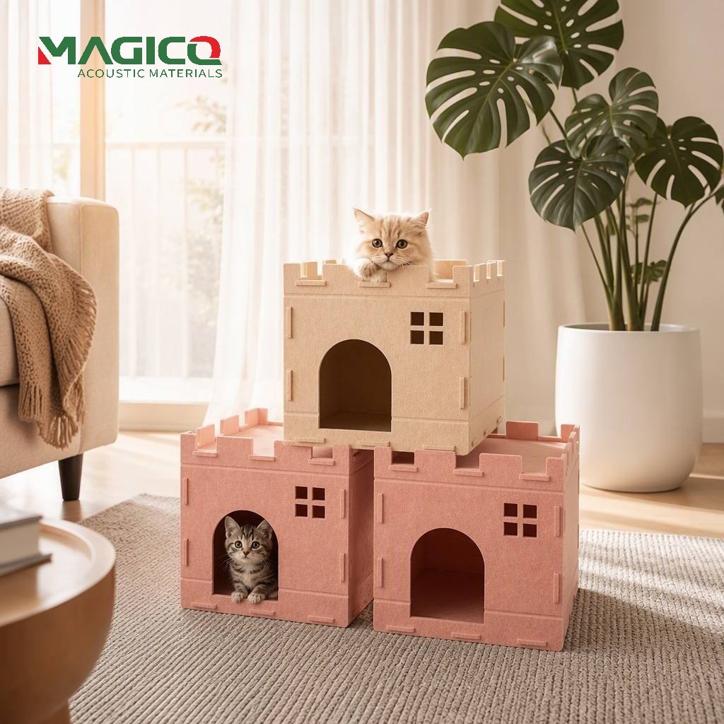 Pink Two-Level Stacked Cat House With Fishbone Cutouts For Cozy Napping In Bedrooms