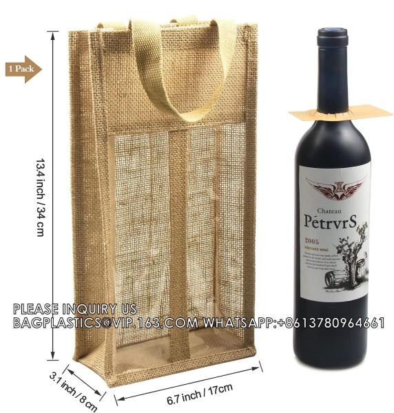 Double Window Two Bottles Burlap Jute Wine Bottle Bag Wedding, Party Favors, Christmas, Holiday And Wine Tasting