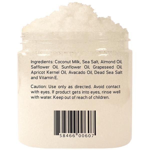 Le corps de soins de la peau de noix de coco de lait frottent contiennent l'huile d'amandes de sel de mer morte et la vitamine E