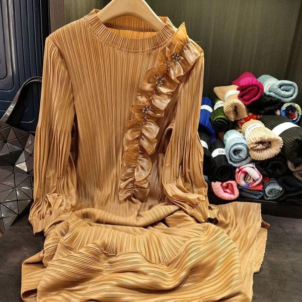 New High-End Stylish Pleated Dress with Slimming Effect Mid-Length skirt Natural Waistline Solid Color Plus Size for Spring