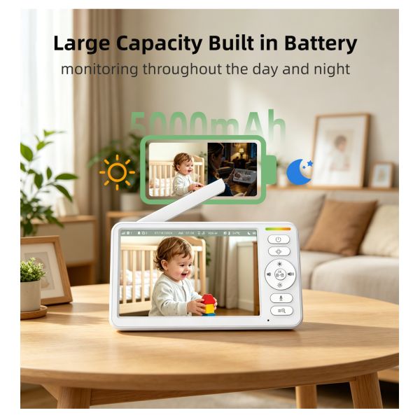5000mAh Battery 6inch Screen Portable Baby Camera Night Vision 1000ft 2-Way Audio Video Baby Monitor with Temperature Sensor