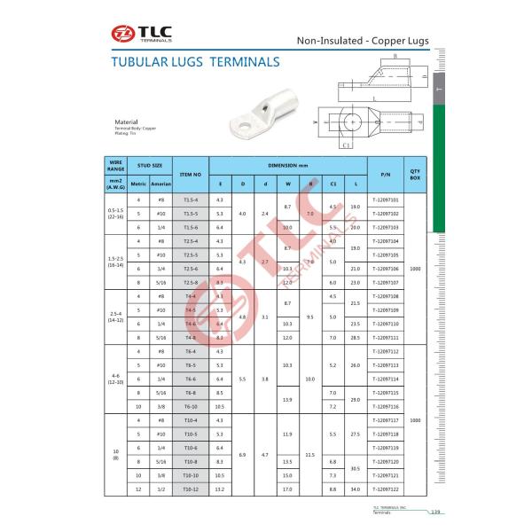 0.5-120mm2 Tin Plated Tubular Cable Lugs For Electrical Connections