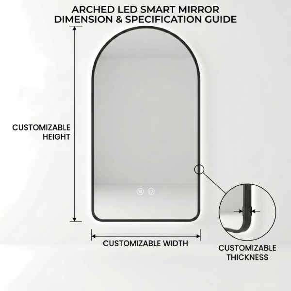 Kingstin Modern Arched LED Smart Mirror | Stainless Steel Framed Bathroom Vanity Mirror with Defogger & Custom Functions