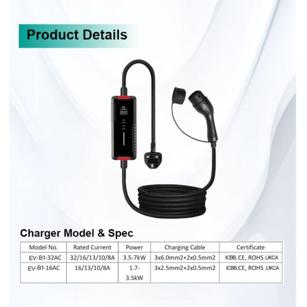 EVCOME Portable Ev Charger (220V 8A 10A 13A 16A) 5M Or Customized Cable With SAE J1772 IEC 62196 GBT