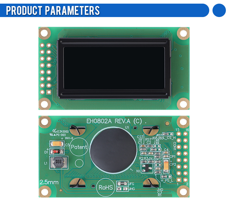 OLED0802A Character LCD Display Module, Black Film, WS0010 Controller, Parallel Port Interface, 58x32x10mm Working Temperature -40+80 Display