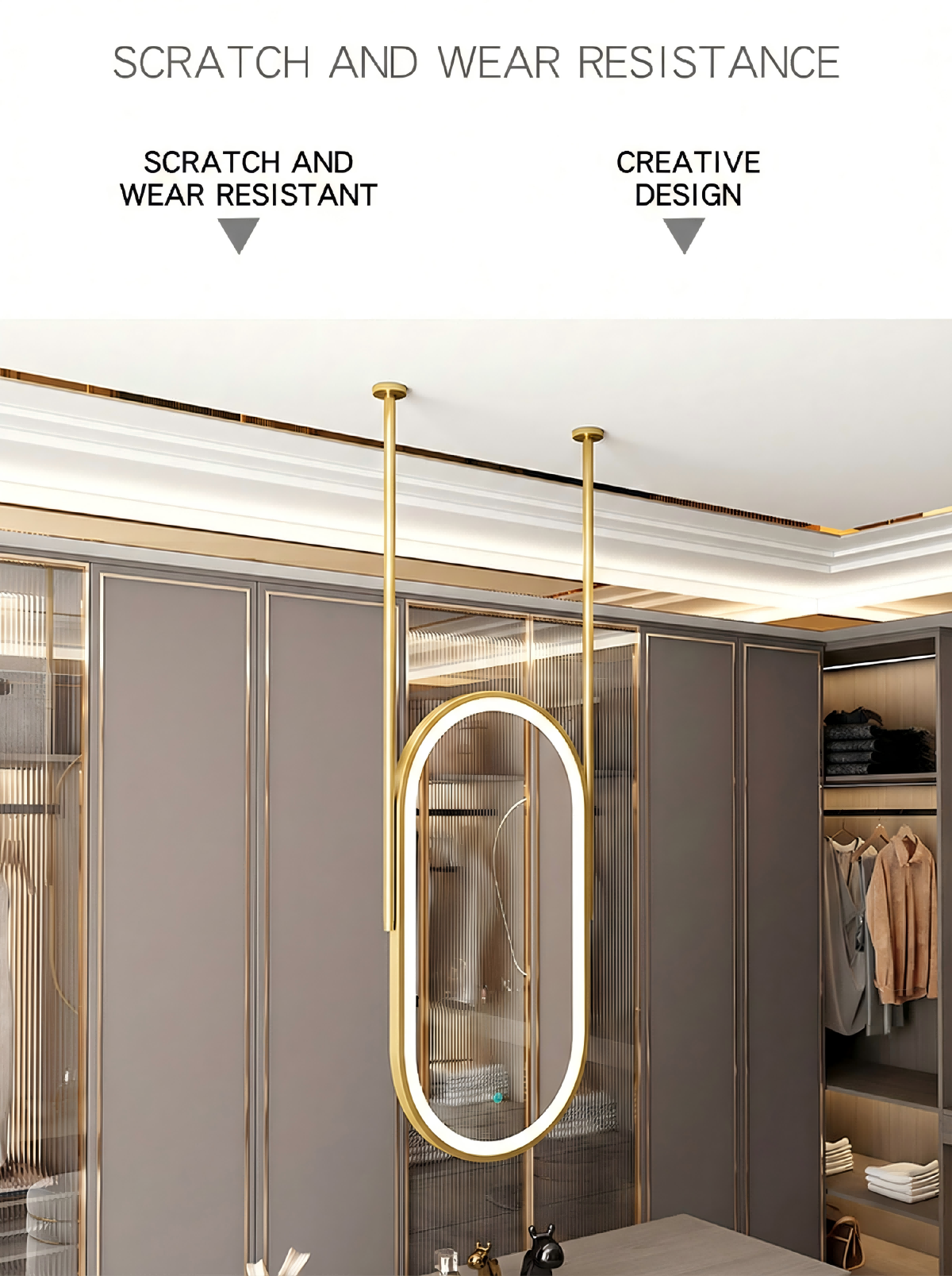 Kingstin Luxury Oval Ceiling Hanging LED Mirror Gold Brushed Frame, Smart Touch Switch Anti-Fog Suspension Bath Mirror