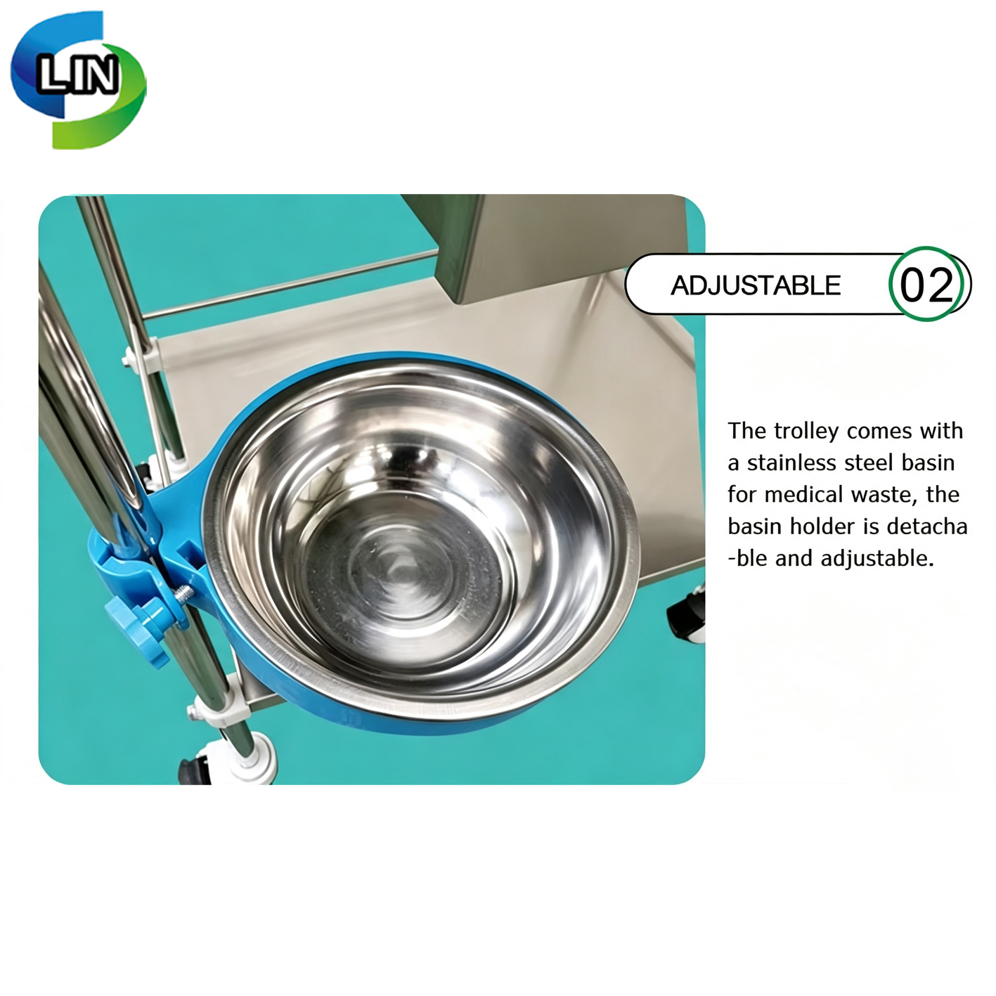 Stainless Steel Inner Frame Medical Treatment Cart with 3 Sides Guardrail and Independent Brake
