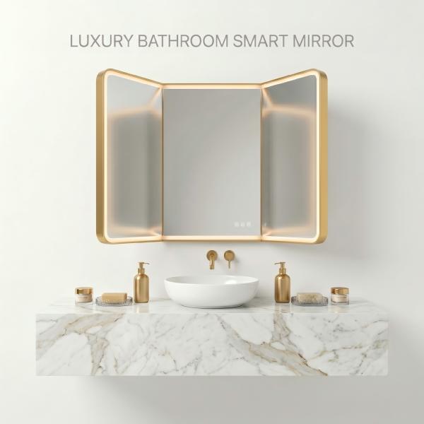 Kingstin Luxury Smart LED Tri-fold Mirror Bathroom Vanity Mirror with Bluetooth Music Anti-fog 3 Color Temperature Customizable