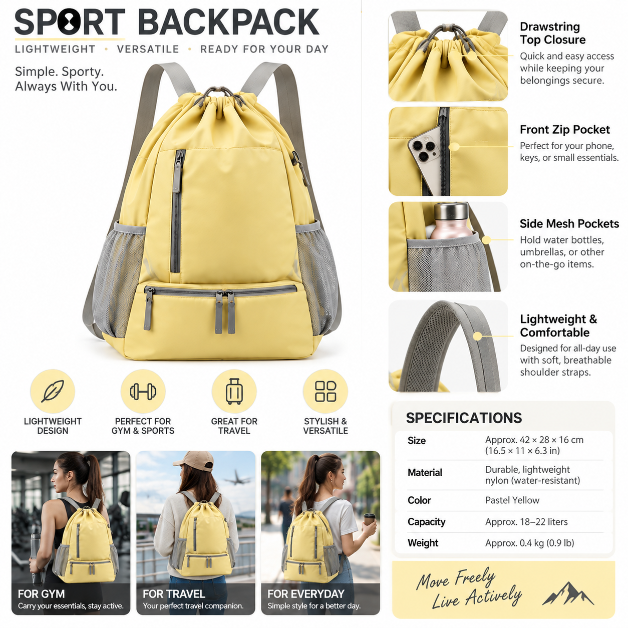 Custom Logo Bag Wholesale Drawstring Sports Backpack with Shoe Compartment – Lightweight Gym Bag with Side Mesh Bottle Pockets, Front Zipper Pocket & Padded Shoulder Straps