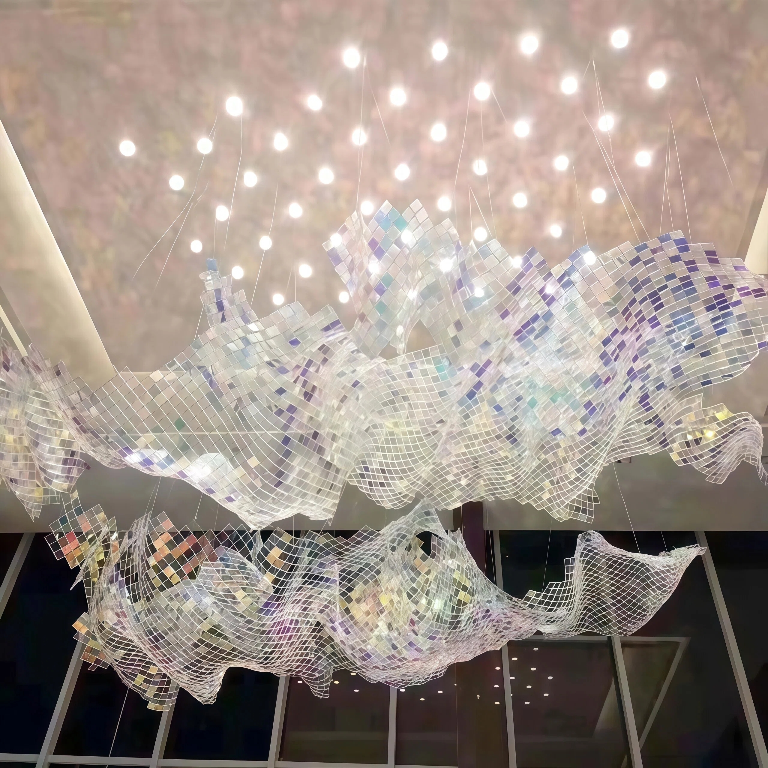 JYLIGHTING Modern Wavy Mesh Mosaic Glass Chandelier, Steel‑Framed Hanging Art Light for Commercial Atrium, Exhibition Hall & Sales Showroom Projects