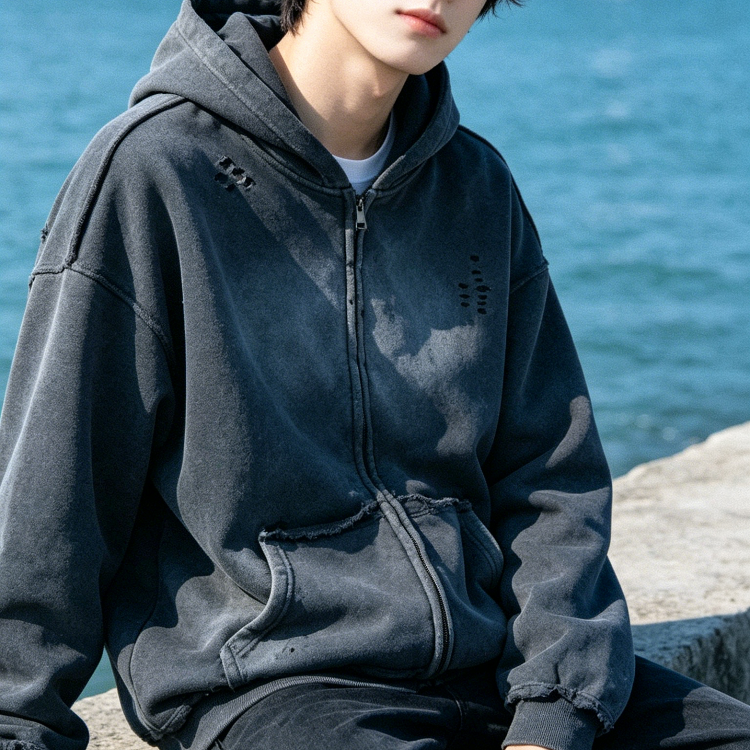 400g Stone Wash Hoodies Zip Up Fleece Lined Sweatshirt Custom Logo Oversized