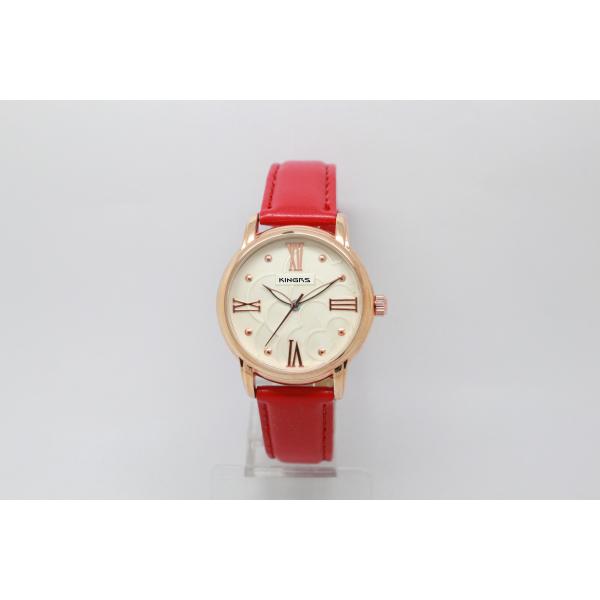 Round Alloy Case Leather Quartz Watch With Red Leather Band Big Face