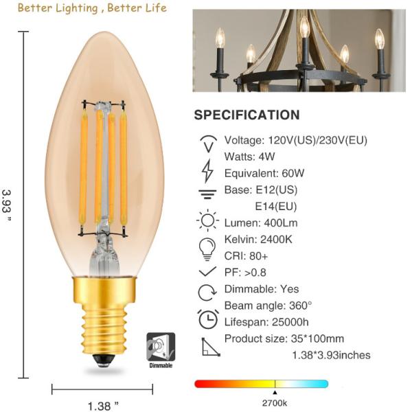 Candelabra Edison Screw Base E12 E14 Vintage Filament Bulb C35 2700k Warm White