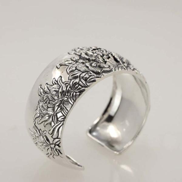 Retro Vintage 925 Sterling Silver Wide Cuff Bracelet Engraved Flower (XH042025)