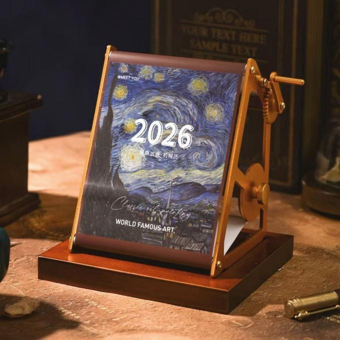 Mechanical Hand-Crank Art Calendar With Wooden Stand For Office Decor