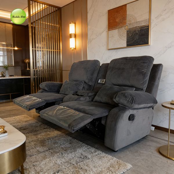 Beige Reclining Sofa Set with Multi-position Adjustable Backrest, Ergonomic Design, and Built-in Storage Pockets for Home Theater