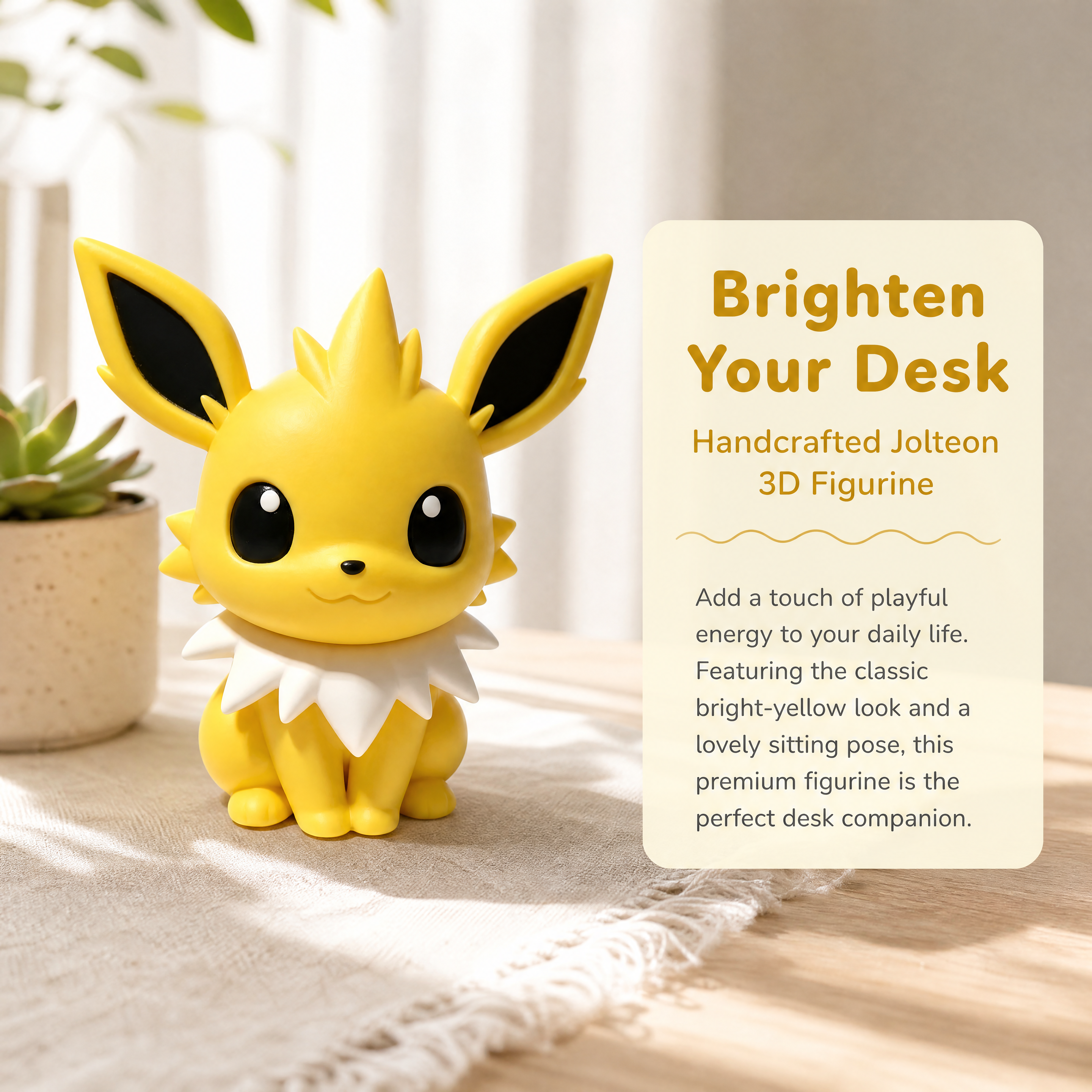 Bright Solid Color 3D Printed Toys Sitting Pose  Jolteon Figurine For Shelf Display