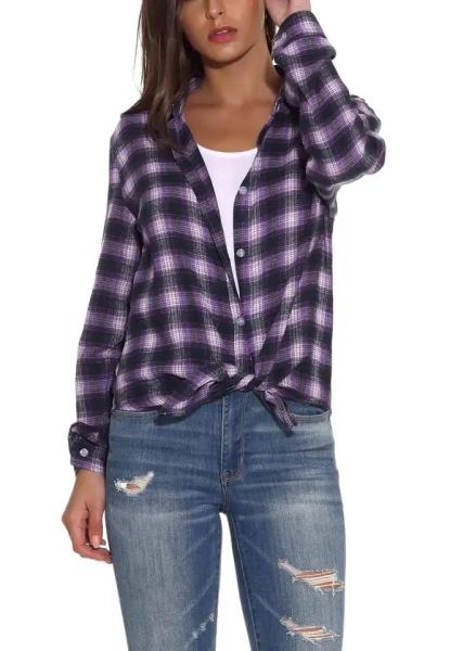                 Fashion Women′s Plaid Shirt Button up Long Sleeve Flannel Classic Casual Shirt             