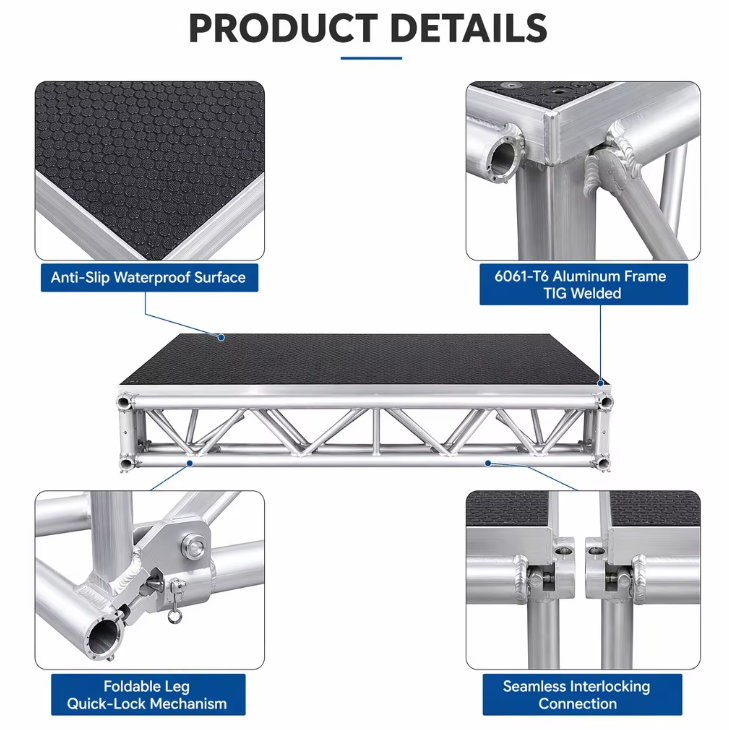 Aluminum Foldable Stage Platform with 6061-T6 Frame 800kg Load and Adjustable Height for Concerts and Events