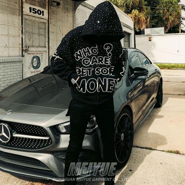 Streetwear Rhinestone Zipper Hoodie Cropped Puff Printing 500 Gsm