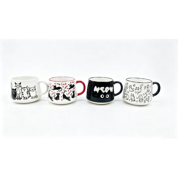 4-Pack Adorable Cat Pattern Speckled Ceramic Coffee Mugs, Cute Kitty Themed Drink Cups for Cat Lovers