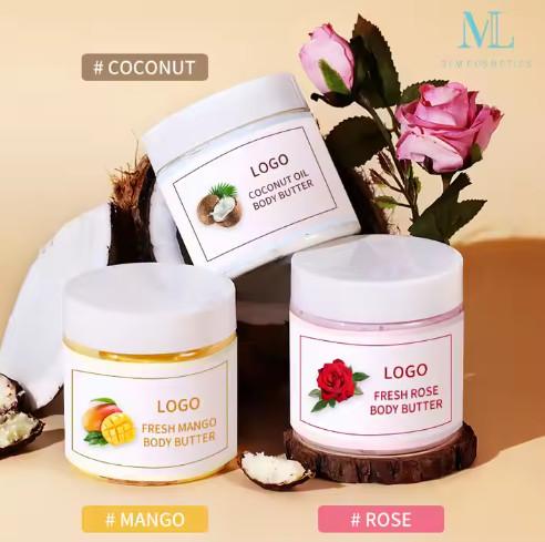 Private Label Natural Rose Coconut Oil Body Whitening Butter Luxury Body Cream Lotion Shea Mango Butter