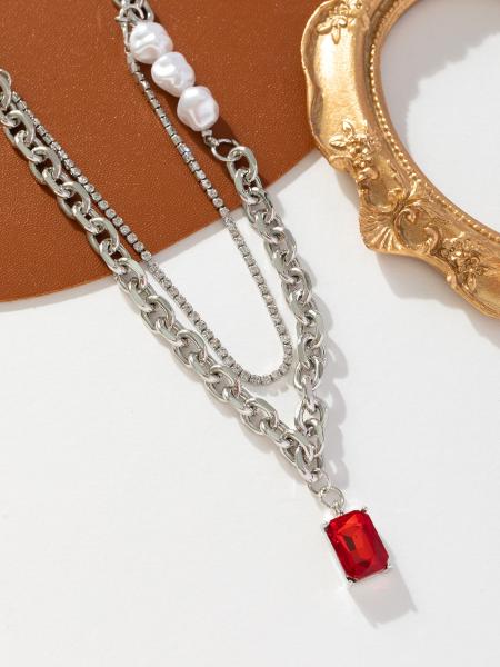Fashion Red Square Stone Necklace Double Layer Pearl Chain Necklace For Women Jewelry Gifts