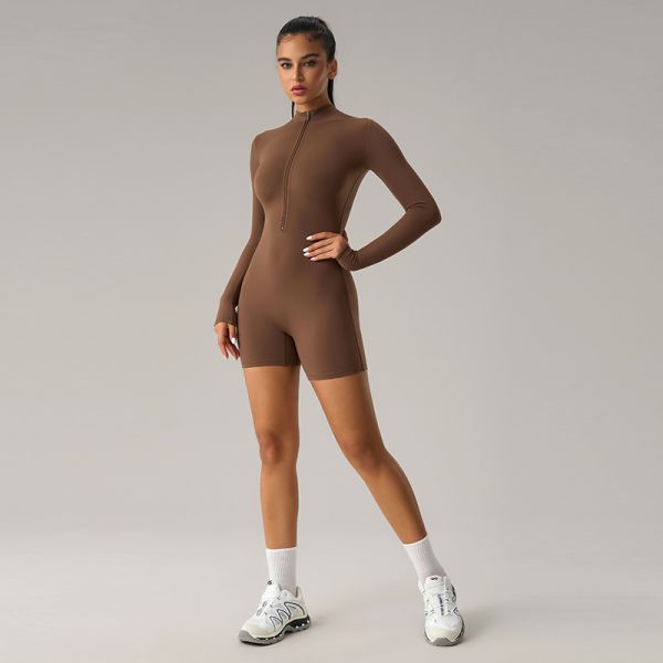 Long Sleeve Half Zip Bodysuit Short Leg Design Brown for Women Yoga
